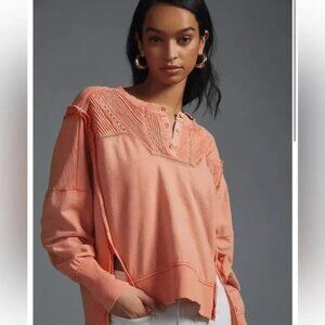 EUC Anthropologie Pilcro Coral Pintuck Raw-Edge Henley Sweatshirt